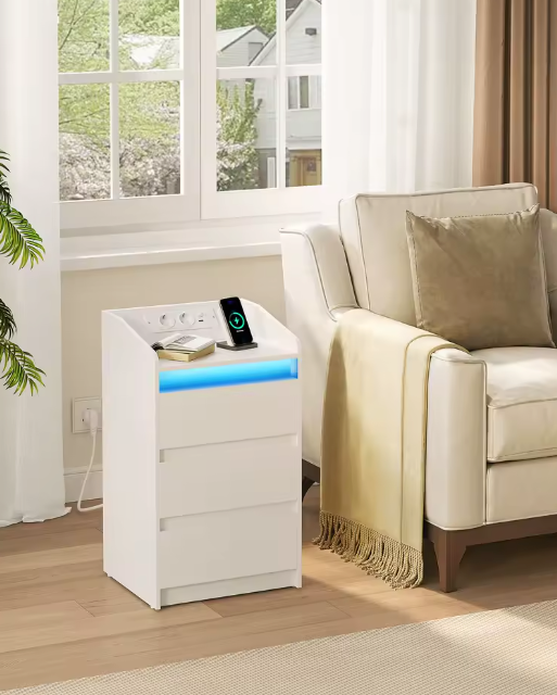 Modern Bedside Table with Charging Station and LED