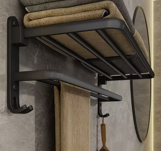 Black 50CM Folding Towel Holder With Hooks
