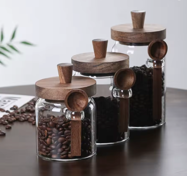 Glass Jar with Wooden Lids and Scoop