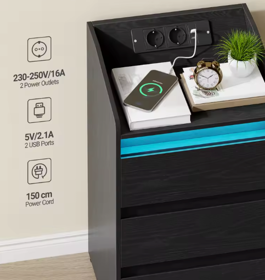 Modern Bedside Table with Charging Station and LED