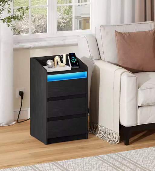 Modern Bedside Table with Charging Station and LED