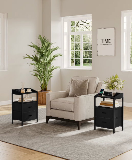 Modern Bedside Table set of 2, with LED Lights and Charging Station,