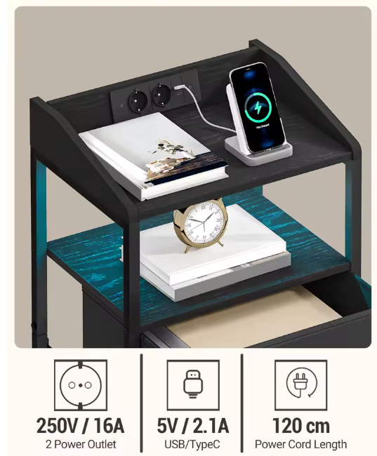 Modern Bedside Table set of 2, with LED Lights and Charging Station,