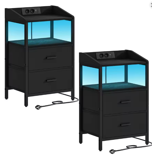 Modern Bedside Table set of 2, with LED Lights and Charging Station,