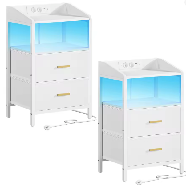 Modern Bedside Table set of 2, with LED Lights and Charging Station,