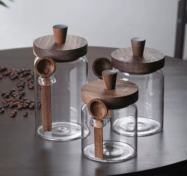 Glass Jar with Wooden Lids and Scoop